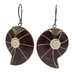 Sterling Silver Brown Resin Earrings Nautilus Shell Boho Beach Holiday 925 Vtg